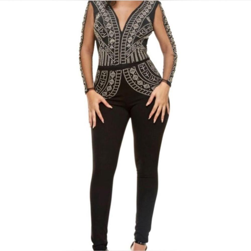 NWT Love Nation Black Gold Studded Sheer Sleeved Bodysuit